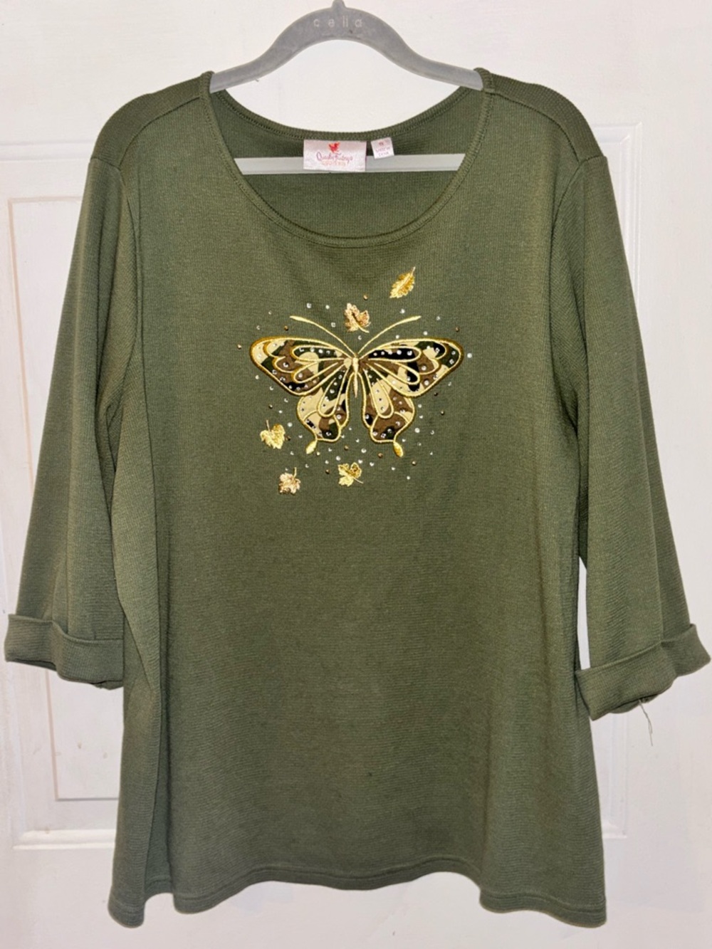 Quacker Factory Olive Green Crewneck Knit Top with Gold Leaf Embroidery